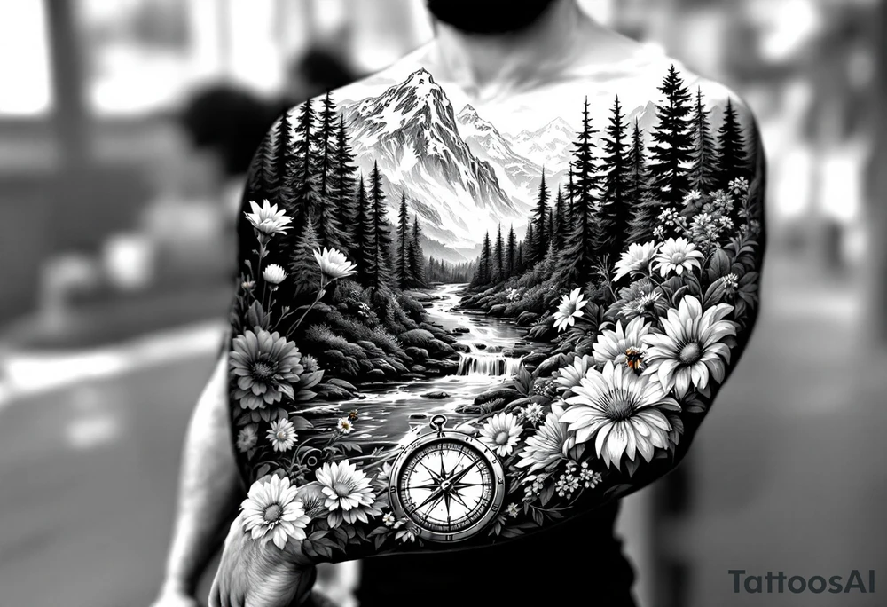 full arm black and white tattoo realistic nature landscape majestic river flowing down bright mountains trees, daisies, chrysanthemums a real bee on one flower a large compass on the forearm river flowing from top shoulder to bottom tattoo idea