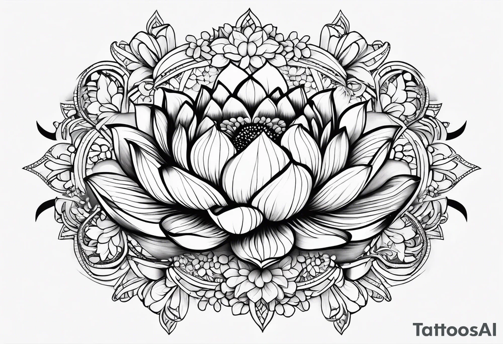 Small Floating lotus upper back with florals and henna to each shoulder tattoo idea