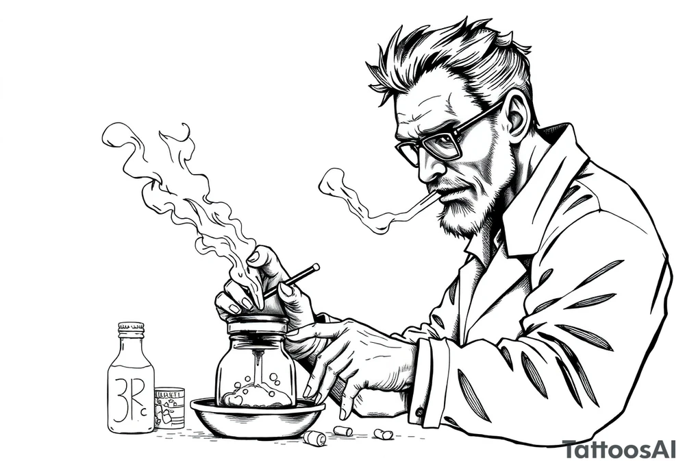 crazy mad scientist cooking drugs while smoking out of oil burner tattoo idea