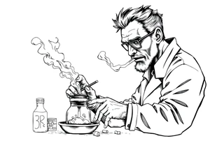 crazy mad scientist cooking drugs while smoking out of oil burner tattoo idea