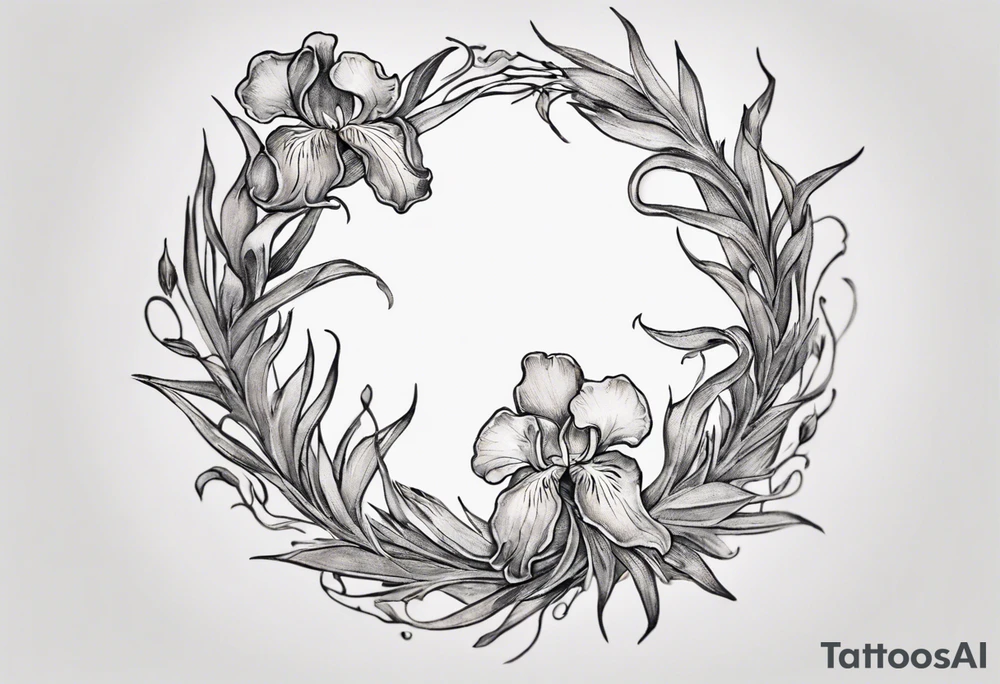 Create a small Vincent van Gogh Irises tattoo. The tattoo should take the form of a crescent, with vines gracefully intertwining at a central point in the middle of the wreath with a bird. The intended placement is on the upper chest. The overall design should be small in size while maintaining a delicate and artistic aesthetic. Pay attention to the graceful flow of the vines and the placement of the irises to achieve a refined and elegant look. tattoo idea