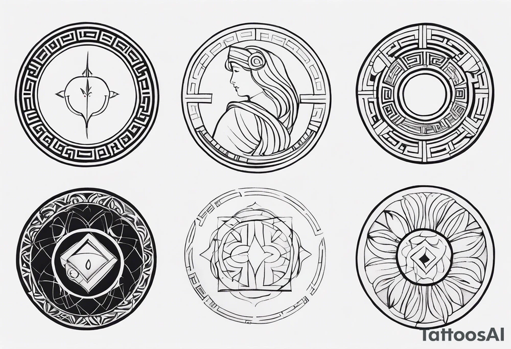 Create a minimalist round tattoo inspired by ancient greek art. In the centre should be a female holding a scroll in one hand and a feather in the other hand. Surround her with geometric patterns based on the ancient greek art style. tattoo idea