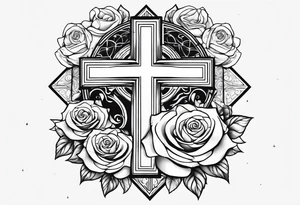 Cross with roses and bible verse tattoo idea