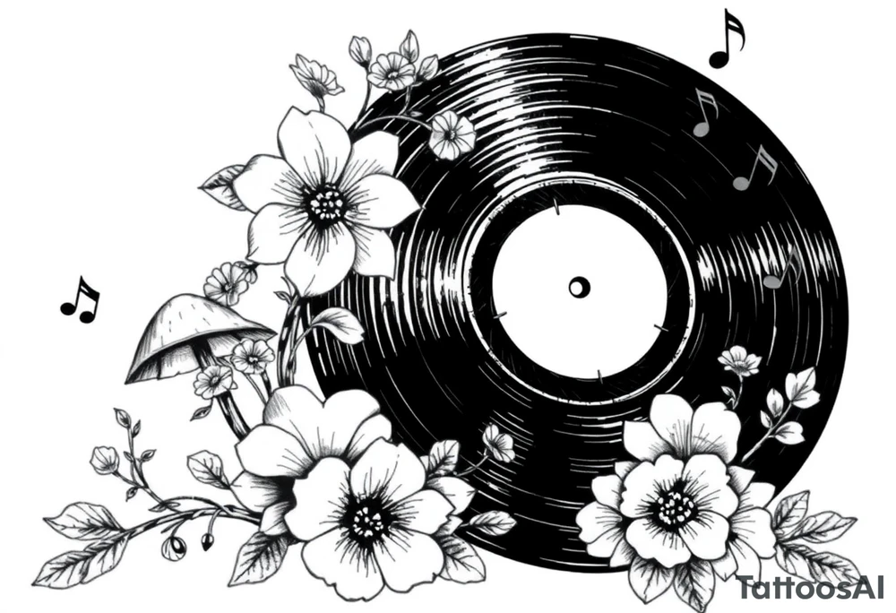 vinyl record surrounded by flowers, mushrooms, and music notes tattoo idea