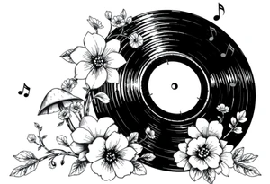 vinyl record surrounded by flowers, mushrooms, and music notes tattoo idea