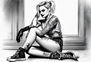 Harley Quinn sitting full body Margot Robbie sad tattoo idea