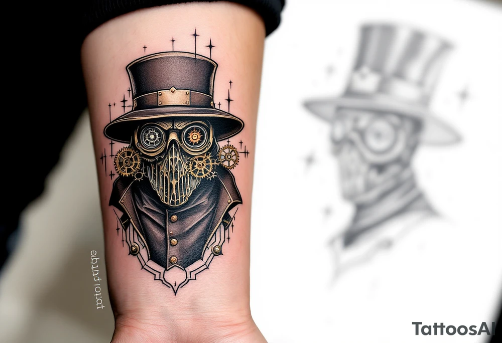 Steampunk Plague Doctor – A mechanical doctor with gears and cogs embedded into the tipical plague doctor mask. The leather mask is dark brown with copper rivets, and the robe has brass buttons and clockwork detailing. tattoo idea
