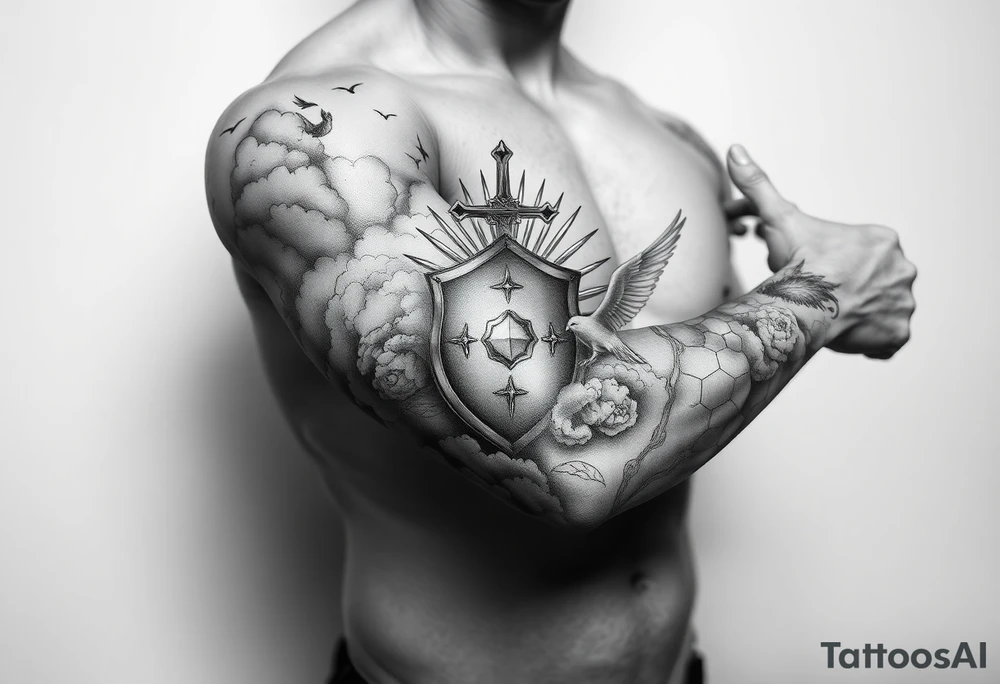 clouds, sword, shield, cross, birds, sun rays tattoo idea clouds, sword, shield, cross, birds, sun rays tattoo idea