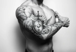 clouds, sword, shield, cross, birds, sun rays tattoo idea