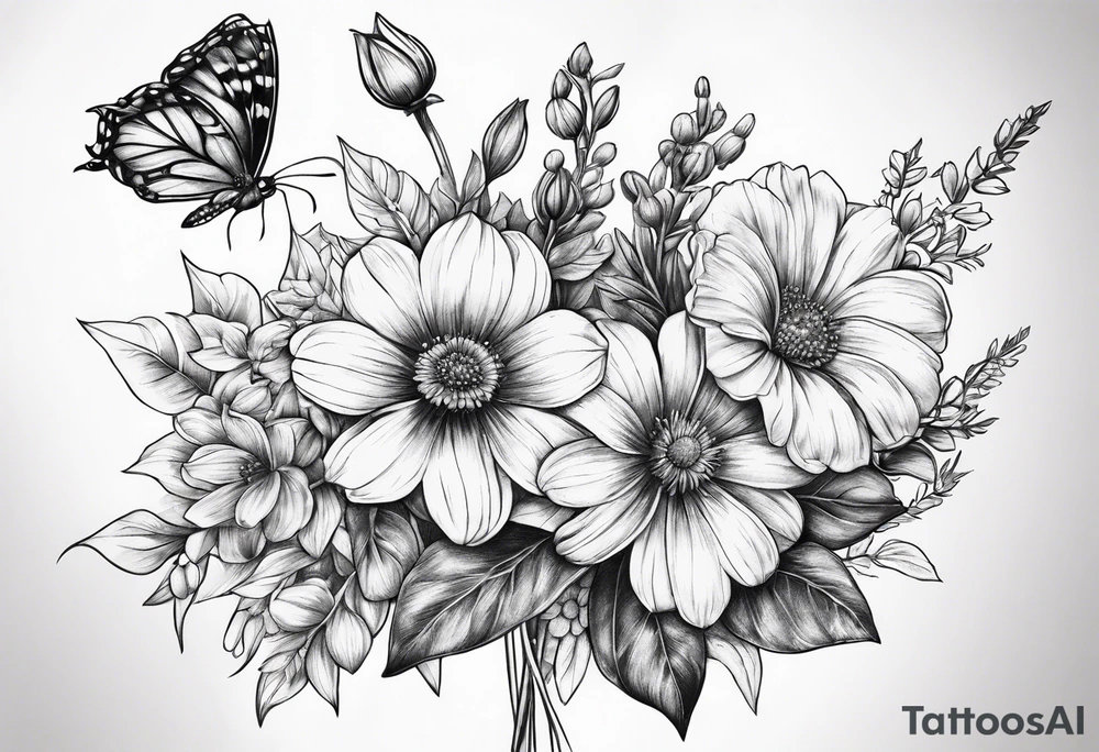 long stem wildflower bouquet tattoo idea
