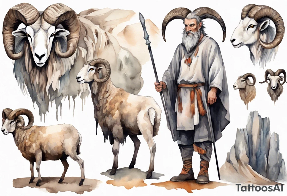a solitary broad-shouldered man with the head of a big-horned sheep, wearing a grey tunic standing before a cave with cloven hooves for feet tattoo idea