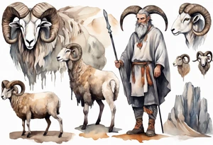 a solitary broad-shouldered man with the head of a big-horned sheep, wearing a grey tunic standing before a cave with cloven hooves for feet tattoo idea