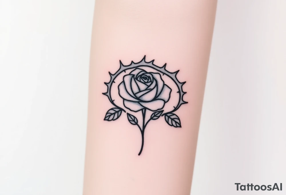 Crown of thorns with a rose with a stem in the middle tattoo idea