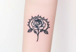 Crown of thorns with a rose with a stem in the middle tattoo idea