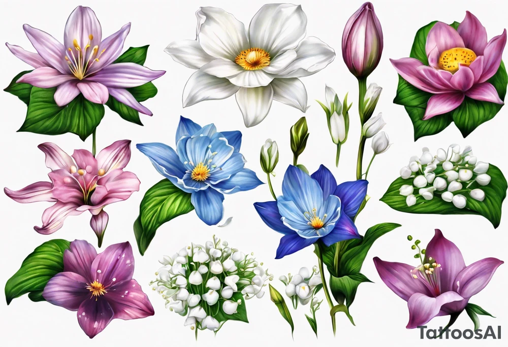 Make a tattoo with Cosmos flower, lily Of the valley, water lily, snow drop, and morning glory with all flowers together tattoo idea