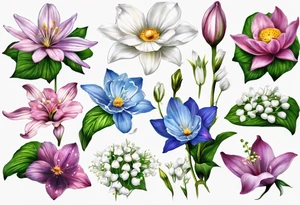 Make a tattoo with Cosmos flower, lily Of the valley, water lily, snow drop, and morning glory with all flowers together tattoo idea
