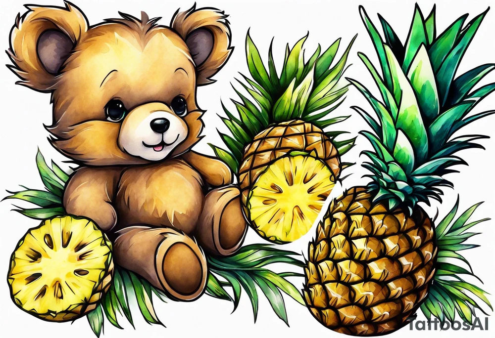 Teddy Bear biting pineapples tattoo idea