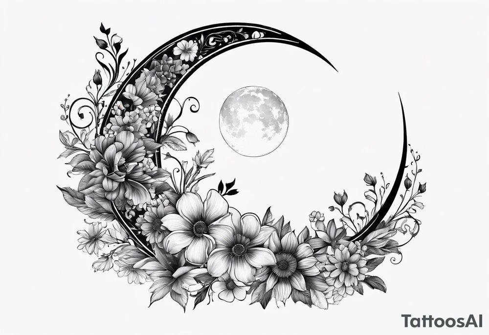 Crescent moon made out of flowers facing to the right tattoo idea