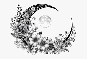 Crescent moon made out of flowers facing to the right tattoo idea