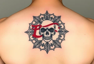 "Pepsi logo deconstructed into a sand mandala. Pixelated skull in center. Black and red ink, sacred geometry style, symmetrical." tattoo idea