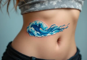 A vibrant cerulean wave curls with streaks of white foam along the ribs. tattoo idea