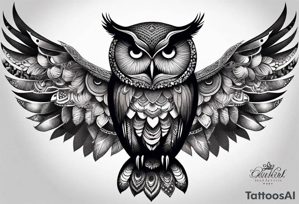 “A wise owl perched on a branch, with large, expressive eyes and intricate feather patterns, representing wisdom tattoo idea