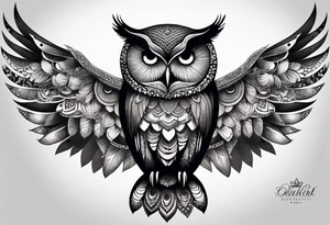 “A wise owl perched on a branch, with large, expressive eyes and intricate feather patterns, representing wisdom tattoo idea