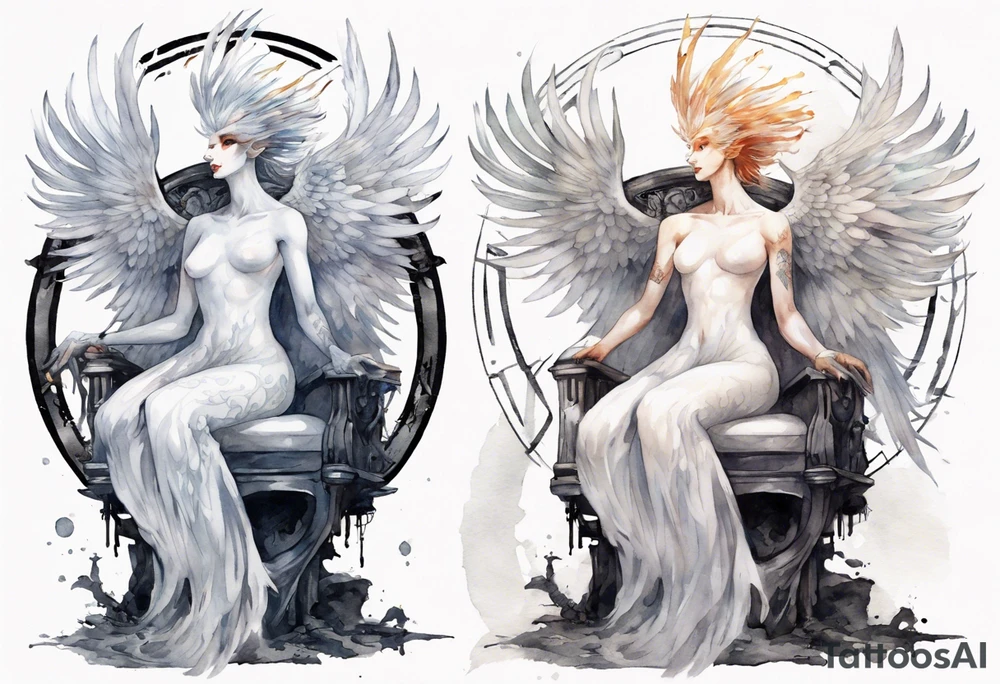 a white phoenix wearing iron halo, perched on a throne tattoo idea