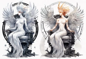 a white phoenix wearing iron halo, perched on a throne tattoo idea