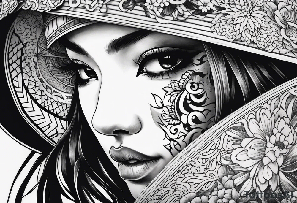 Japenese henya mask split with girl face tattoo idea