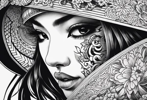 Japenese henya mask split with girl face tattoo idea