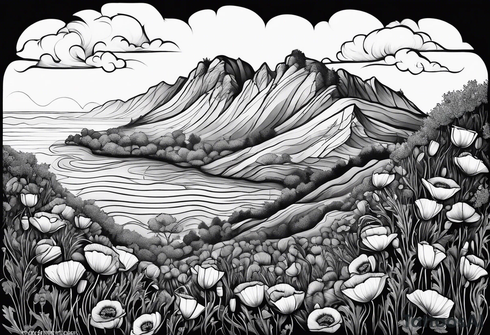 Poppy bush growing on cliff tattoo idea