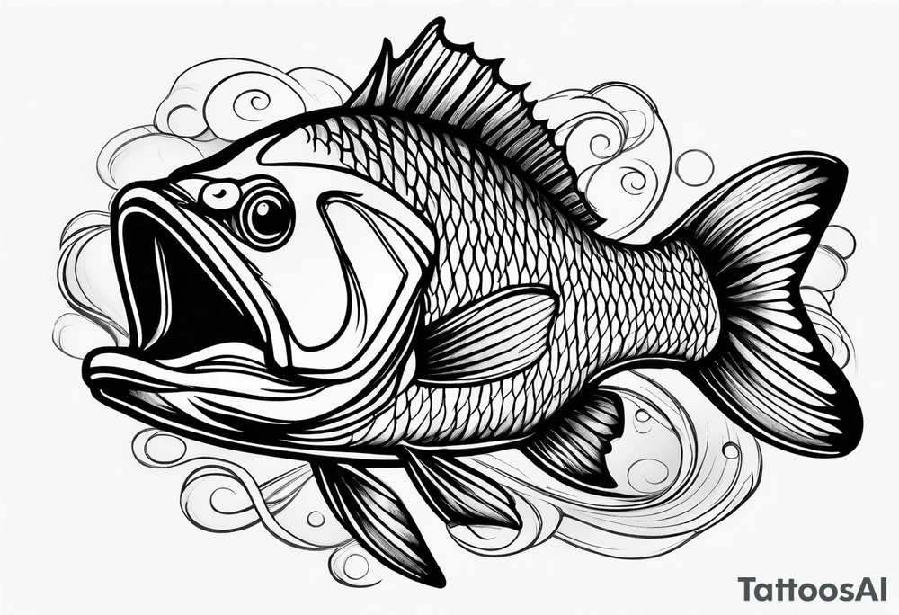 bass fish, its tail turns into a fishing hook tattoo idea