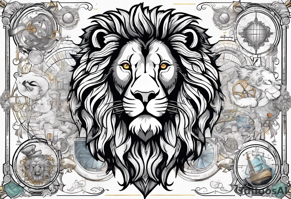 heraldic lion surrounded by scientific formulas tattoo idea