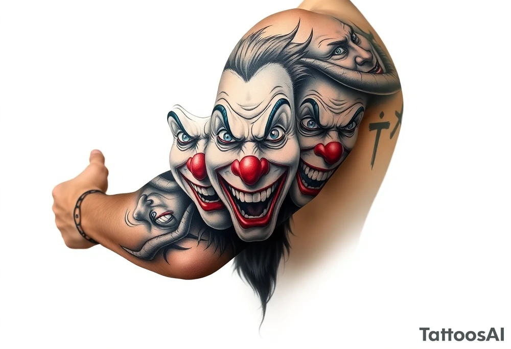 creative collage of different emotional clown faces tattoo idea