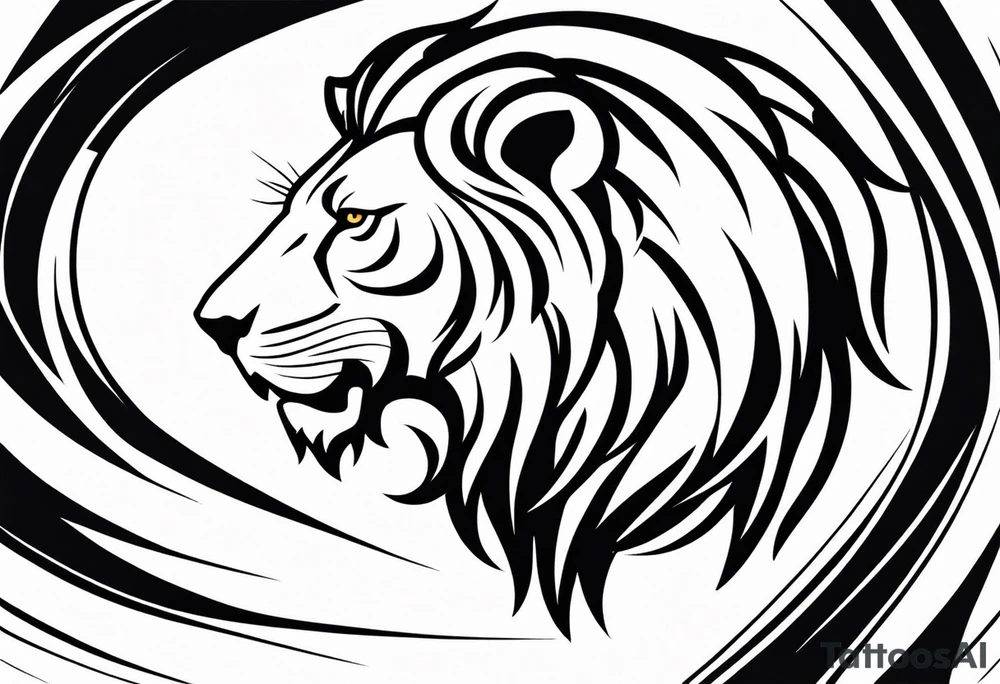 A roaring lion’s face with a flowing mane, emphasizing strength and courage, detailed fur textures tattoo idea