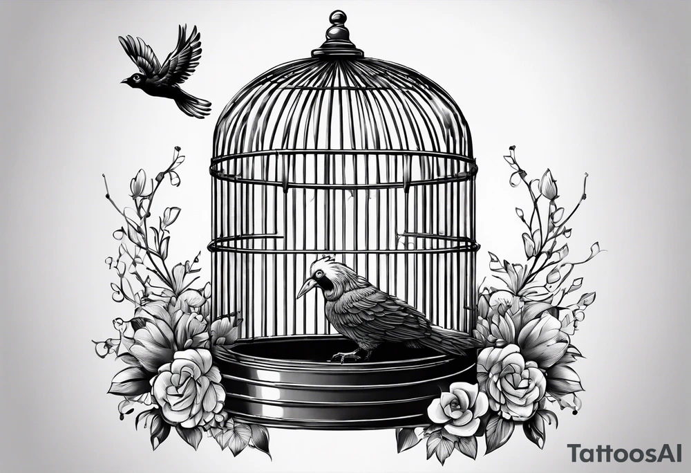 big bird in a long but too small cage for him. the bird seats in the cage and the wings of the bird passing threw the bars of the cage.
 Add decoration outside the cage like flowers or foliage tattoo idea