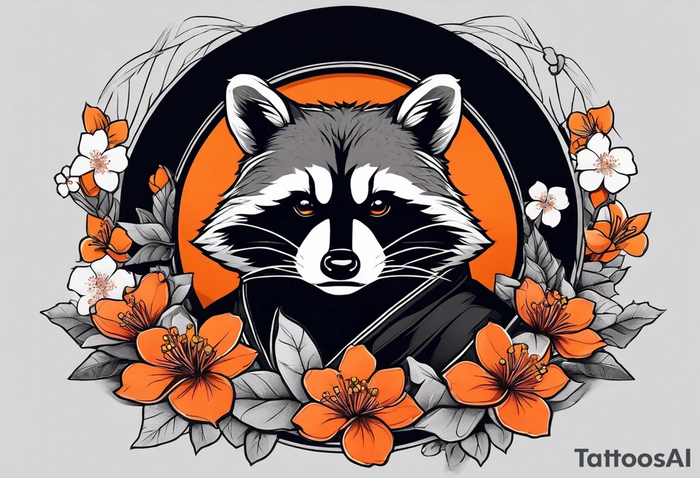 Raccoon wearing a white Superman logo on a black hoodie and orange Japanese cherry blossoms tattoo idea