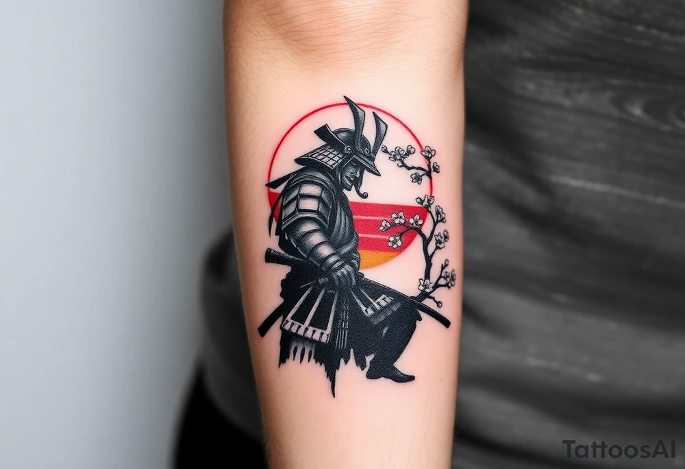 noble samurai warrior silhouette at sunset with cherry blossoms tattoo idea