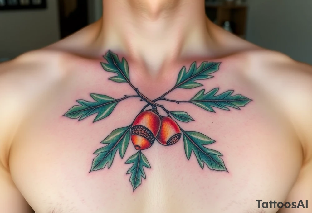 on the chest an oak branch with thick leaves and acorns oak branch with thick leaves and acorns tattoo idea