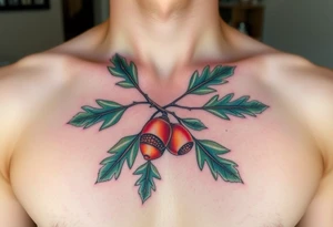 on the chest an oak branch with thick leaves and acorns oak branch with thick leaves and acorns tattoo idea