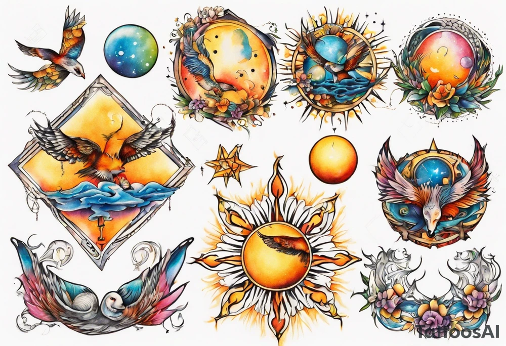fisch, fuchs und eule , symetrie  sonne, universum, bunt, " sapere aude" tattoo idea