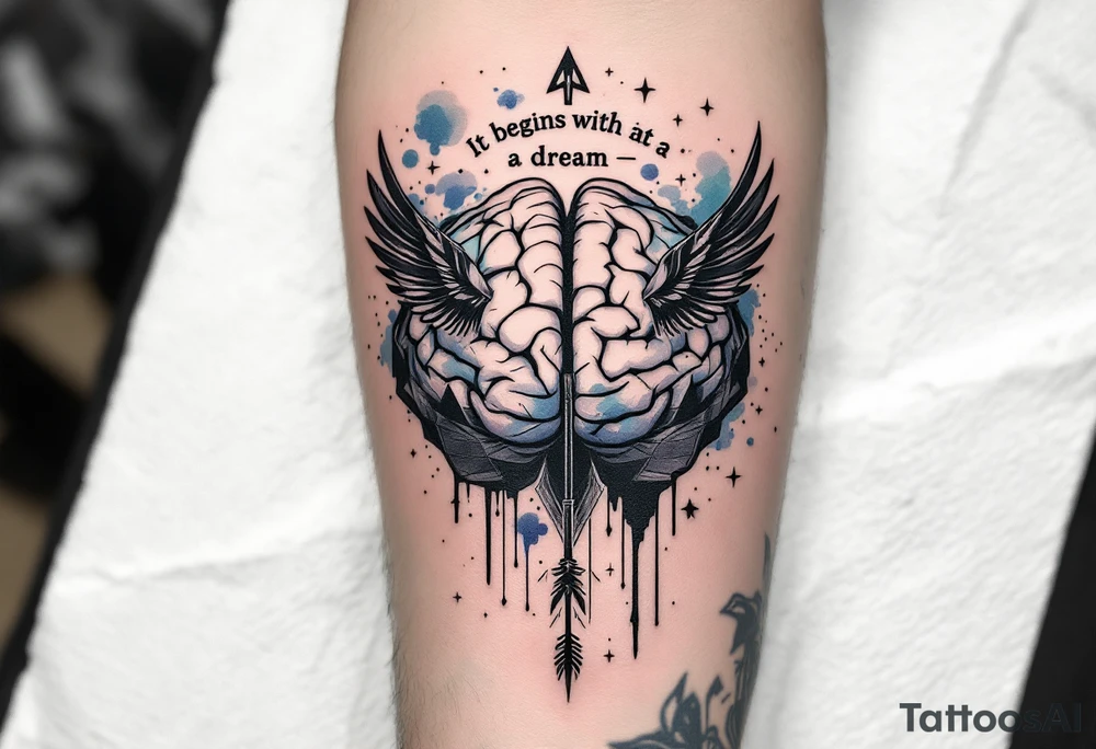 Tattoo inspired in the gifted brain in geometric and straight lines, with few watercolor details but mostly black, symbols representing intelligence, creativity and dreaming flying arround, the phrase "It begins with a dream", raven wings behind, and an arrow crossing from above, and watercolors leaking of it tattoo idea