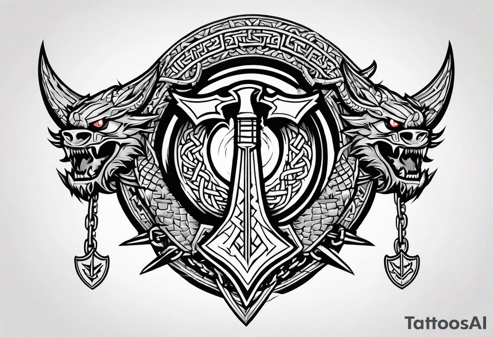 Valhalla sword shield dragon axe Valknut barbed wire chains tattoo idea Valhalla sword shield dragon axe Valknut barbed wire chains tattoo idea