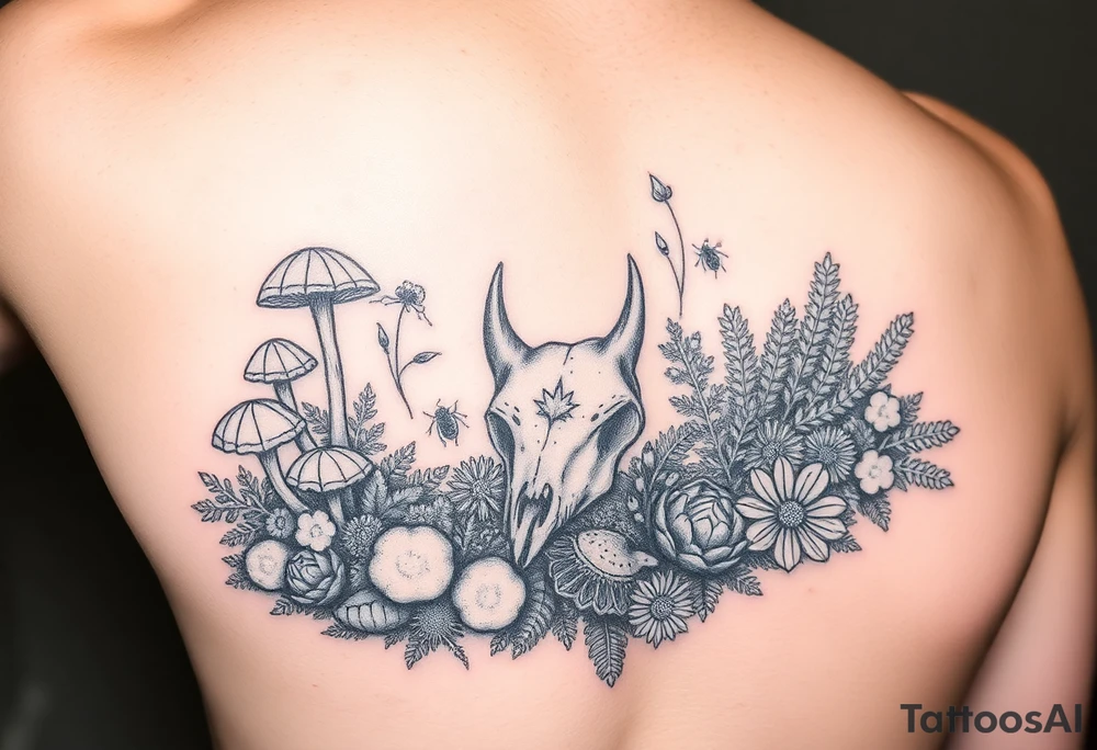 woodland floor with mushrooms, moss, a fox skull, insects, ferns, and flowers, arm piece tattoo idea