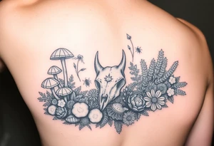 woodland floor with mushrooms, moss, a fox skull, insects, ferns, and flowers, arm piece tattoo idea