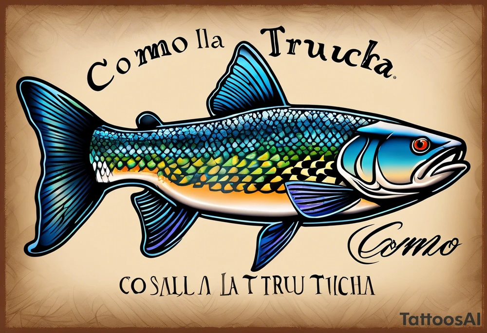 A small tattoo with a shaded trout and text that says, 'Como la trucha...' drawn with fine lines." tattoo idea