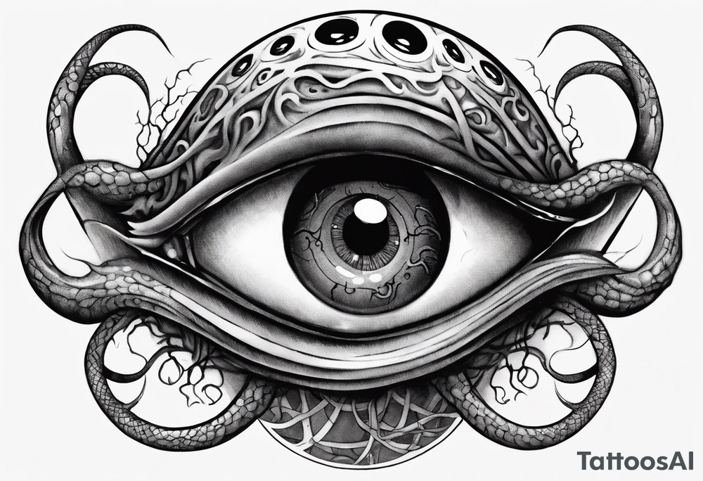 lovecraft themed eye on hand , tentacle on forearm tattoo idea