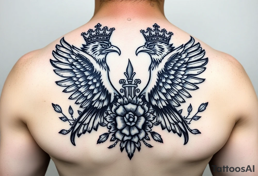 Chest tattoo,powerful two symetrical majestic eagles with a crowns, surrounded by floral ornaments and lure tattoo idea