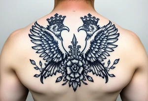 Chest tattoo,powerful two symetrical majestic eagles with a crowns, surrounded by floral ornaments and lure tattoo idea
